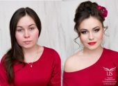 Брюнетка в красном платье после макияжа